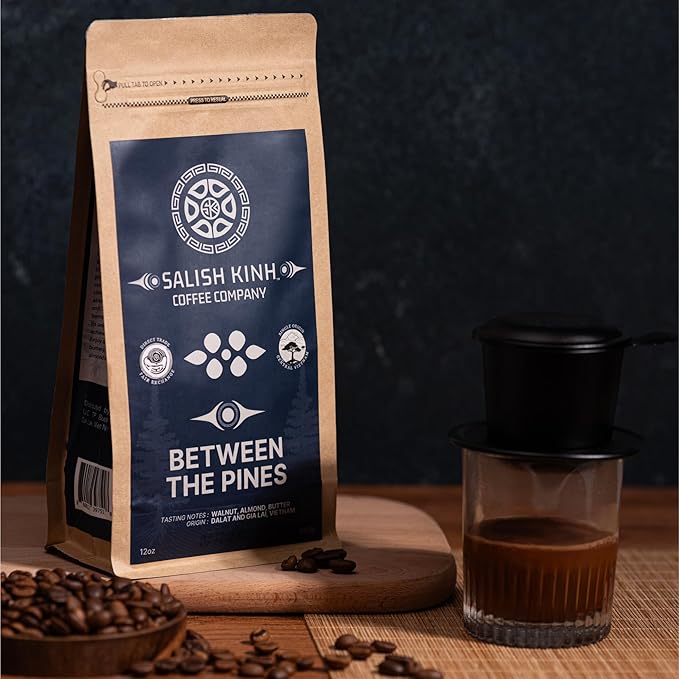 SALISH KINH Whole Bean Coffee | Between the Pines | 12 oz Bag | Medium Dark Roast | 60% Arabica &amp 40% Robusta | Specialty Grade | Single Origin | Direct Trade | Indigenous Produced