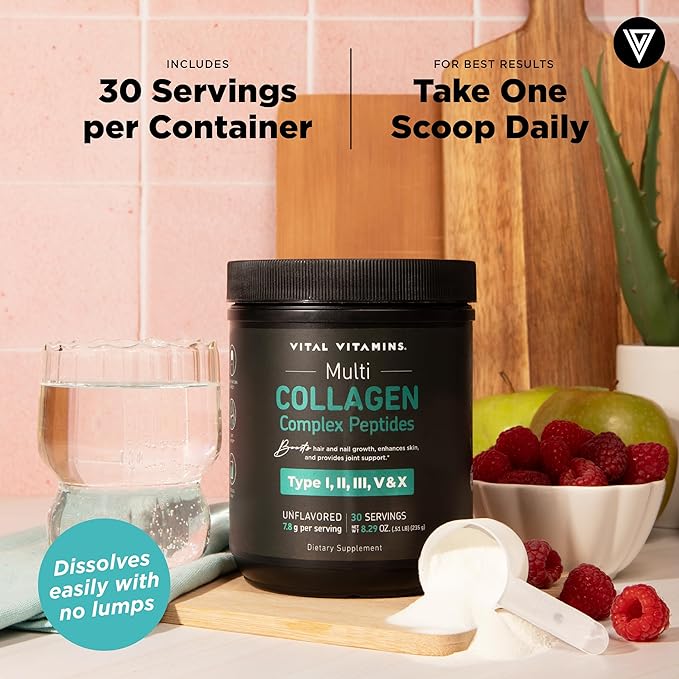 Vital Vitamins Multi Collagen Peptides Powder - Unflavored Easy to Dissolve - Type I II III V X - for Women &amp Men - Promotes Hair Skin Nails &amp Joint Health - 30 Servings