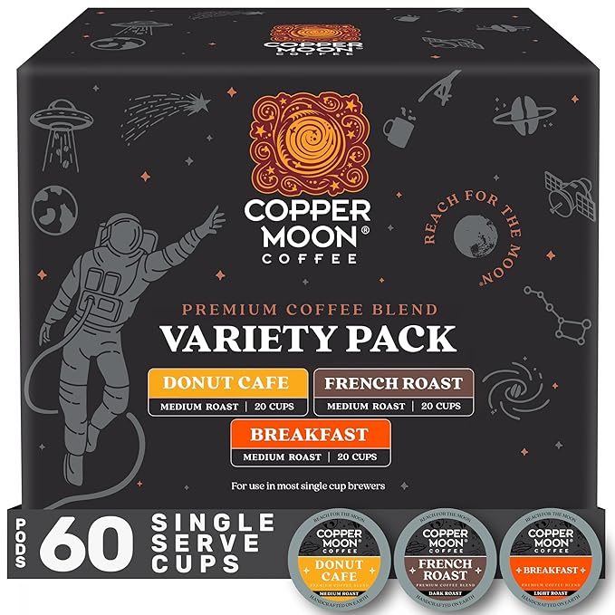 Copper Moon Single Serve Coffee Pods For Keurig K-Cup Brewers Flavored Variety Pack (Breakfast Donut Cafe French Roast) 60 Count