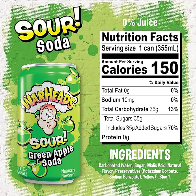 Sour Fruity Soda with Classic Warheads Flavors – Perfectly Balanced Sweet and Sour Soda - Warheads Candy Throwback Treat Soda Cocktail Mixer Pack of 12 12oz Cans (Green Apple)