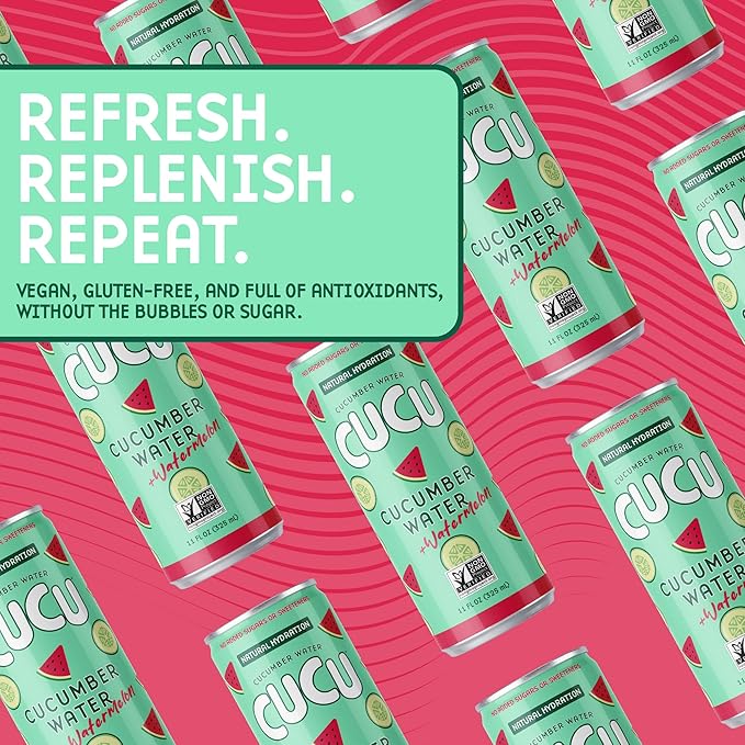 CUCU Pressed Cucumber + Watermelon Water – Real Juice from Fresh Cucumbers and Watermelons with Vitamin C Electrolytes &amp Antioxidants – No Sugar Added Non-GMO – 11 fl oz Cans 12 Pack