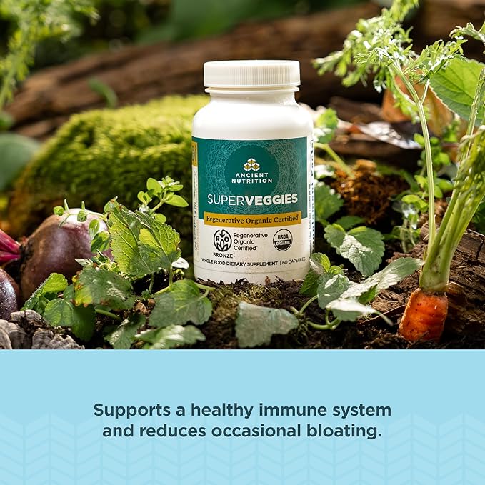 Ancient Nutrition Regenerative Organic Certified SuperVeggies Capsules Supports Gut and Immune System Health Made with Probiotics Kale Broccoli and Spinach 60 Count
