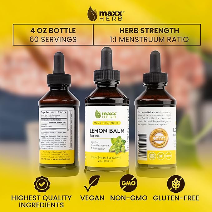 Maxx Herb Lemon Balm Extract - Max Strength Liquid Tincture Absorbs Better Than Capsules or Tea for Nervous System Support &amp Stress Management - Alcohol Free - 4 Oz Bottle (60 Servings)