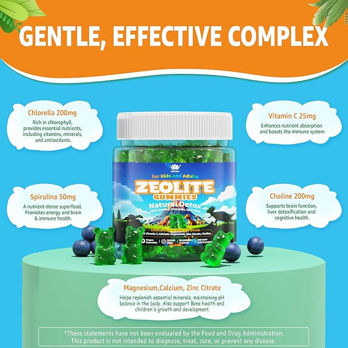 Zeolite Gummies for Kids &amp Adults Sugar Free Zeolite Detox Supplements w/ Chlorella Spirulina Minerals Choline - Gentle Body Detox &amp Cleanse Gut Health Immune Focus Energy Bone Vegan