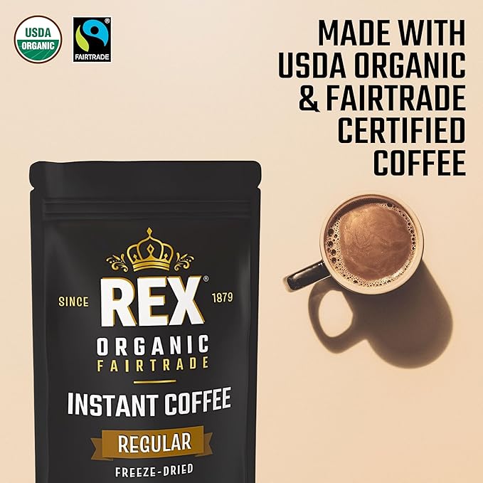 Rex Organic Fairtrade Freeze-Dried Instant Coffee – Medium Roast Arabica 7.05 oz (Pack of 2) Resealable Pouch Bags – USDA Organic &amp Fairtrade Certified Lab Tested for Mold &amp Mycotoxins