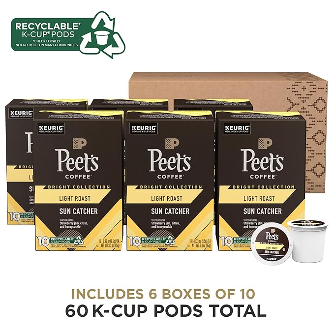 Peet's Coffee Light Roast Keurig K-Cup Pods 100% Arabica Coffee - Sun Catcher 60 Count (6 Boxes of 10 Pods)