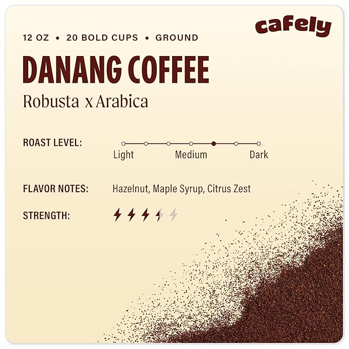 Cafely DaNang - Robusta x Arabica Ground Vietnamese Coffee – Dark Roast Low Acid Fresh Roasted Single Origin Direct Trade High Antioxidants Rich Notes with Hazelnut Maple Syrup Citrus Zest 12