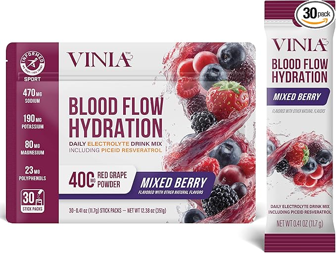 VINIA Resveratrol Electrolyte Hydration Powder Mix | Boost Blood Flow &amp Circulation | Sea Salt Coconut Water Potassium Magnesium Informed Sport Certified (30 Sticks Mixed Berry)