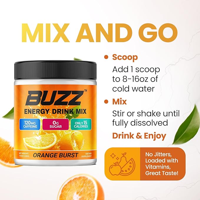 Morning Buzz Energy Drink Powder - Energy Boost Drink Mix - Sugar-Free Energy with Antioxidants - Morning Kickstart and Sports Nutrition Endurance Product - 30 Servings Orange Burst 8 Ounces