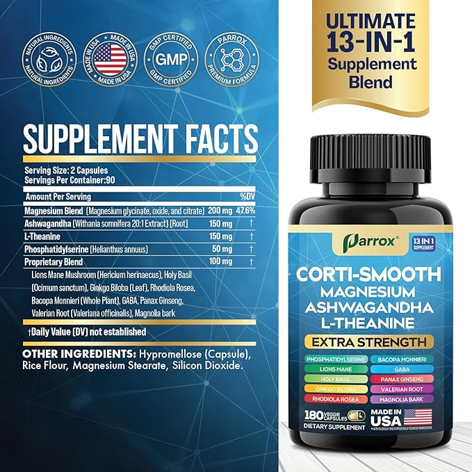 Corti-Smooth Cortisol Supplement Magnesium L-Theanine Ashwagandha Magnolia Bark Panax Ginseng Bacopa Monnieri GABA Lions Mane Ginkgo Biloba Phosphatidylserine Valerian Root (180 Caps)
