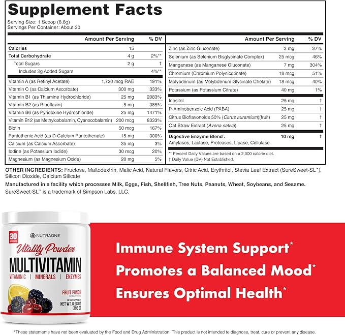 NutraOne Vitality Vitamin Powder Powdered Vitamin and Mineral Supplement (Fruit Punch - 30 Servings)