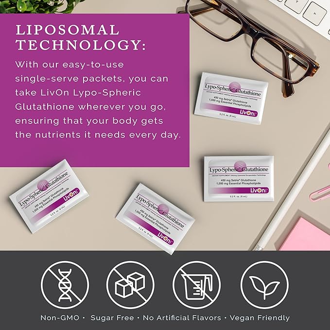 LivOn Laboratories Lypo-Spheric Glutathione - 30 Packets – 450 mg Glutathione Per Packet – Liposome Encapsulated for Maximum Bioavailability – Professionally Formulated – 100% Non-GMO