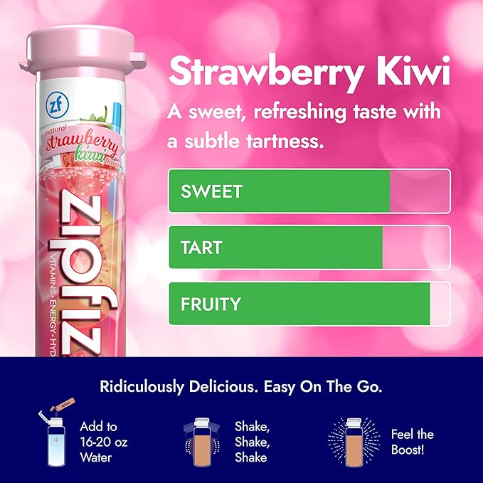 Zipfizz Daily Energy Drink Powder Strawberry Kiwi 20 Pack | 3-in-1 Sustained Energy Rapid Hydration and Essential Vitamins | Sugar-Free | Electrolyte Powder | Contains Vitamin B-12 &amp Antioxida