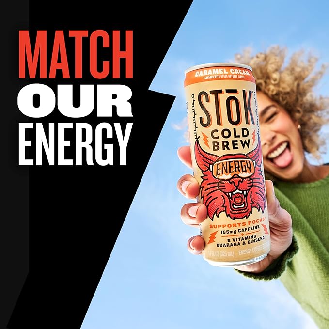 SToK Cold Brew Energy Caramel Cream Energy Coffee Beverage with 195mg Caffeine to Help Support Focus Canned Coffee with B-Vitamins Guarana and Ginseng 11 fl oz 12pk