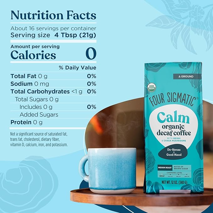 Four Sigmatic Calm Organic Decaf Ground Coffee | Swiss Water Decaf Coffee with Chaga &amp Reishi Mushroom Extracts | 12oz Bag(Pack of 2)