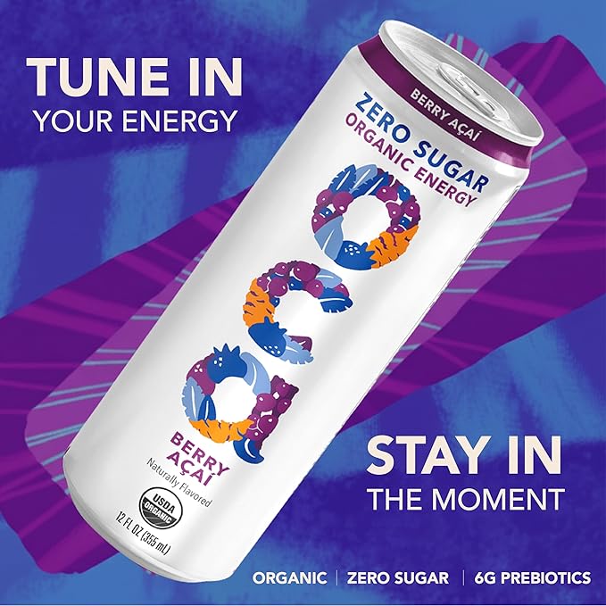 OCA ZERO Berry Acai Organic energy drink zero sugar gluten-free vegan plant-based 12 Fl Oz (12 pack)