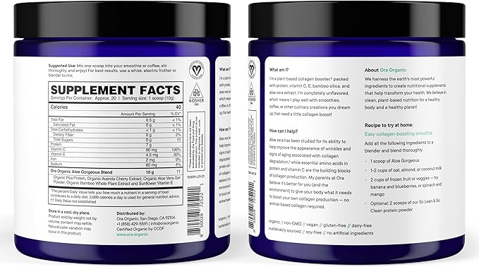 Ora Organic Vegan Collagen-Boosting Powder for Women and Men - Hair Skin &amp Nails Support - Bamboo Silica Plant-Based Protein Organic Vitamin C Aloe Vera - Vanilla Flavor 20 Servings
