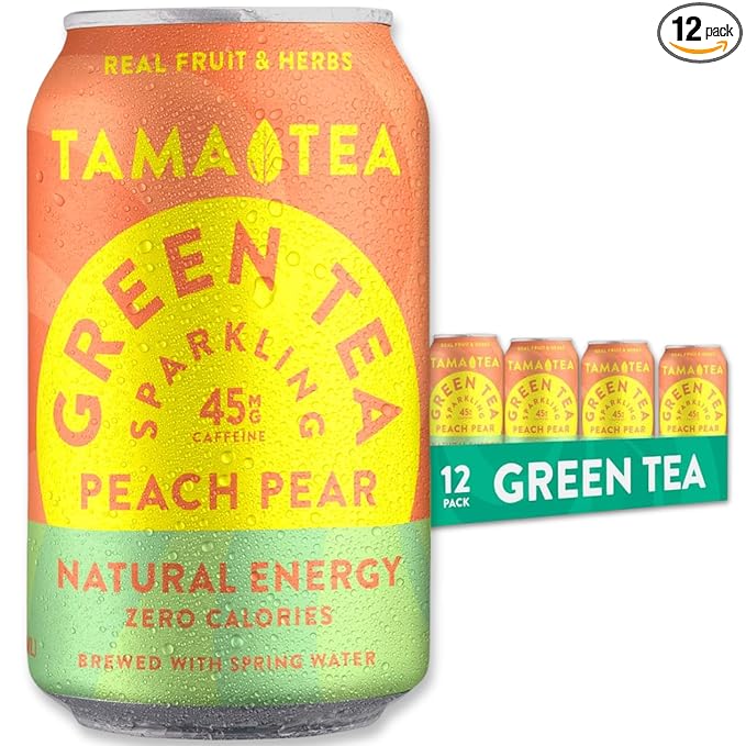 Unsweetened Sparkling Green Tea by Tama Tea - Organic Peach Pear Iced Green Tea Zero Calories &amp Zero Carbs | 45mg Caffeine No Artificial Ingredients 12 oz (12-Pack)