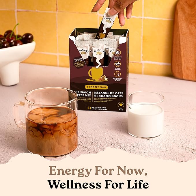 Dodjivi Organic Mushroom Coffee Instant Packets 100% Arabica Coffee Powder with Reishi mushroom Lion's mane ChagaTurkey Tail for Better Focus Immune Support Keto Friendly (30 Sticks Each 3.2gm)