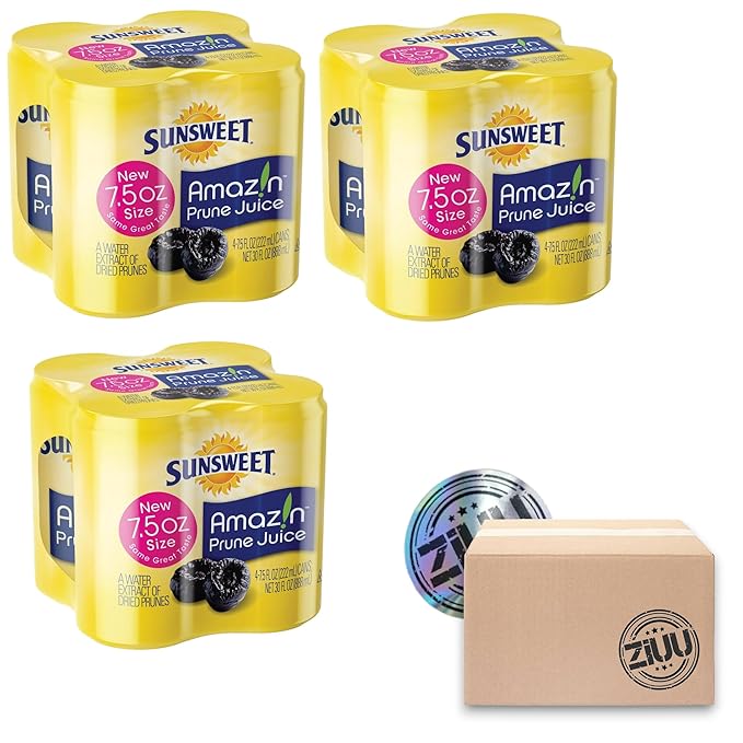 Sunsweet Juice Amazin Prune Juice 7.5oz Cans Water Extract of Dried Prunes Gluten Free Vegan Low Fat Unsweetened High in Dietary Fiber And Other Natural Minerals 100% Prune Juice 12 pack of