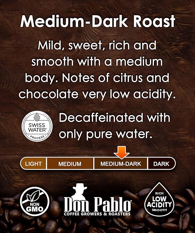 Don Pablo Colombian Decaf - Swiss Water Process Decaffeinated - Medium-Dark Roast Gourmet Coffee - 100% Arabica Whole Bean Non-GMO Low Acidity 907g (2LB) Bag