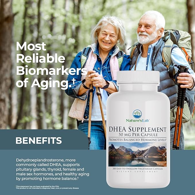 Nature's Lab DHEA 50mg Supplement - Promotes Balanced Hormone Levels Healthy Energy and Increased Mental Clarity* - 300 Capsules (10 Month Supply)