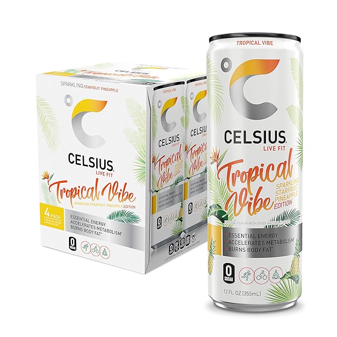 CELSIUS Sparkling Tropical Vibe Functional Essential Energy Drink 12 Fl Oz (Pack of 24)