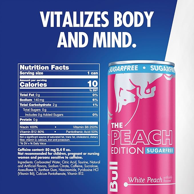 Red Bull Peach Edition Sugarfree Energy Drink White Peach 8.4 fl. oz. Case of 24 cans with 80mg Caffeine Taurine &amp B Vitamins