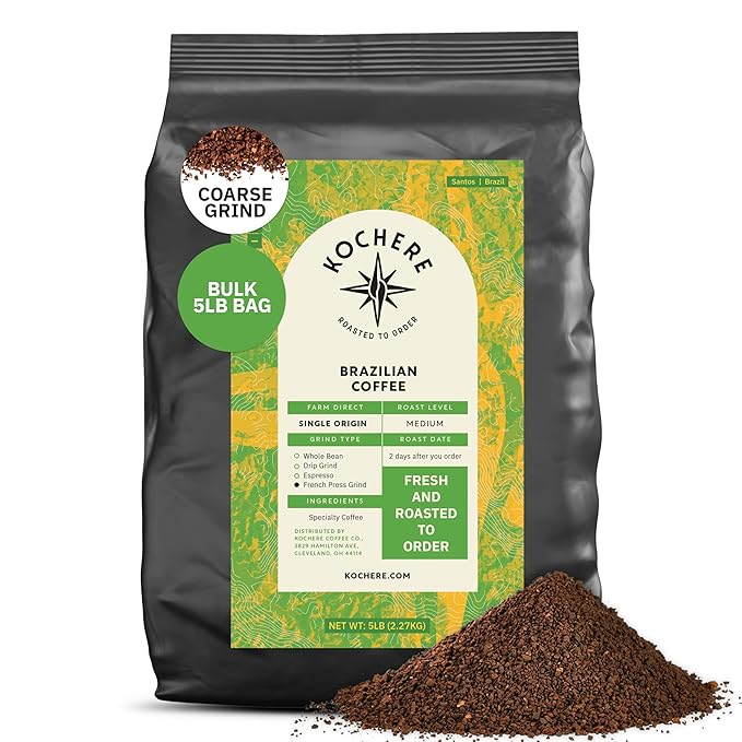 Brazilian Santos Medium Roast Coffee Beans - Single Origin Arabica Coffee Beans Freshly Roasted to Order Coarse French Press Grind Coffee Low Acid with Smooth Cocoa Notes Specialty Grade - 5LB
