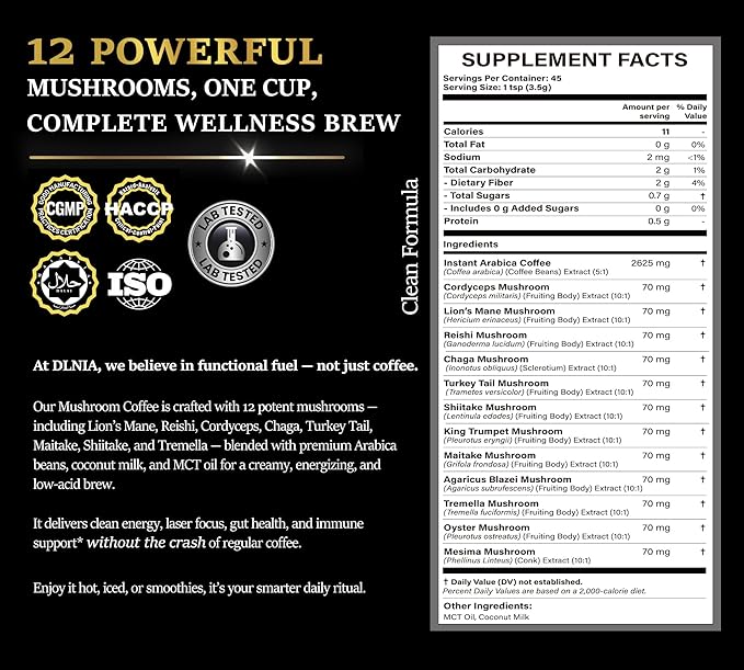 DLNIA Instant Organic Mushroom Coffee with 12 Adaptogenic Mushrooms Arabica Beans Coconut Milk &amp MCT Oil | Cordyceps Lion’s Mane &amp Turkey Tail Instant Coffee for Better Energy Focus Diges