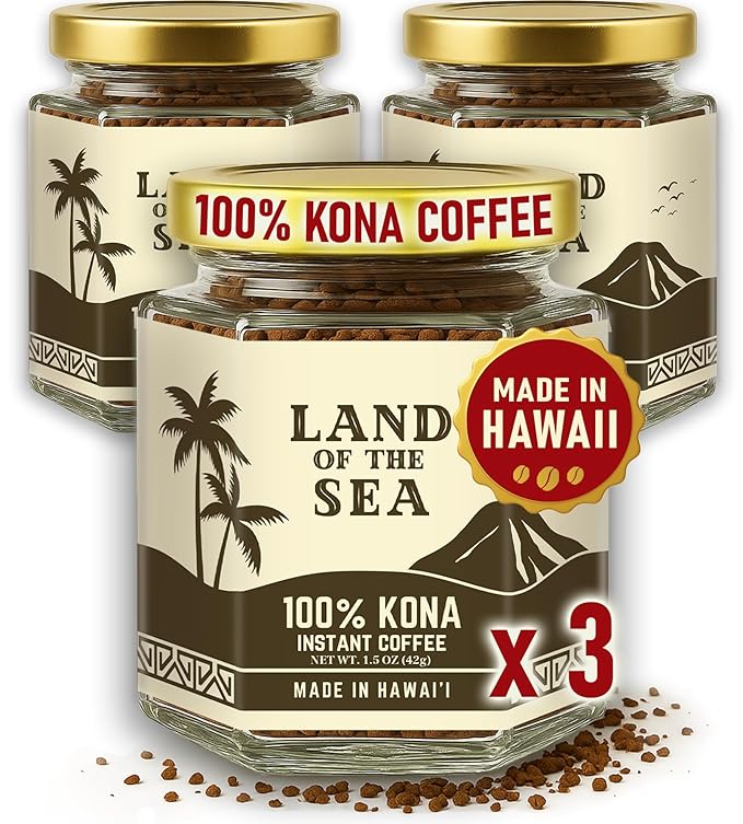 KONA COFFEE 100% - Premium Freeze Dried Instant Coffee - Low Acid Coffee - Medium Roast Arabica Hawaiian Coffee 1.5oz (3 Packs | 66 Servings)