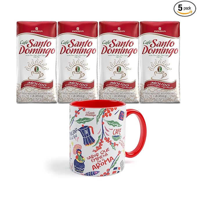 Café Santo Domingo 16 oz Bag Ground Coffee - Product from the Dominican Republic (Pack of 4) + Café Santo Domingo 11 oz Mug – Dominicanidad Edition (Pack of 1)