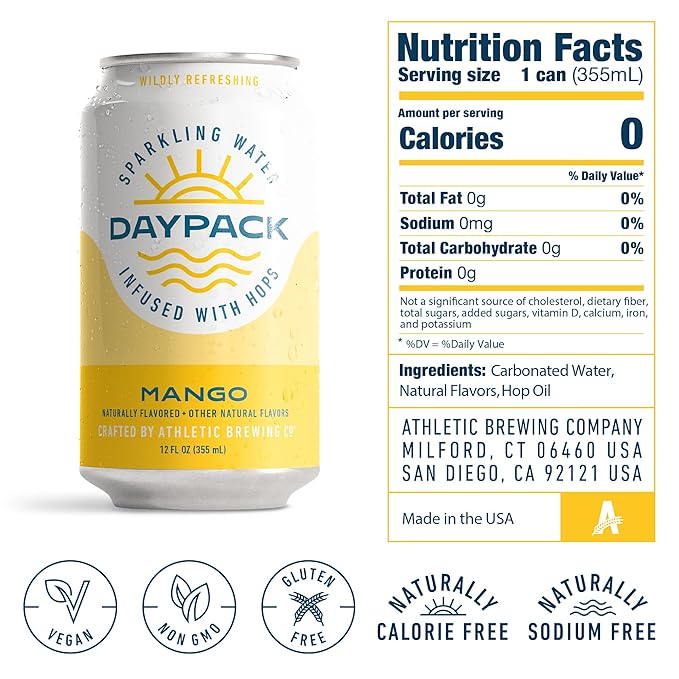 Athletic Brewing Company Daypack Sparkling Water Infused With Hops Gluten Free &amp Vegan Soda Water Zero Calorie Natural Flavors Mango 12 Pack 12 FL Oz Cans