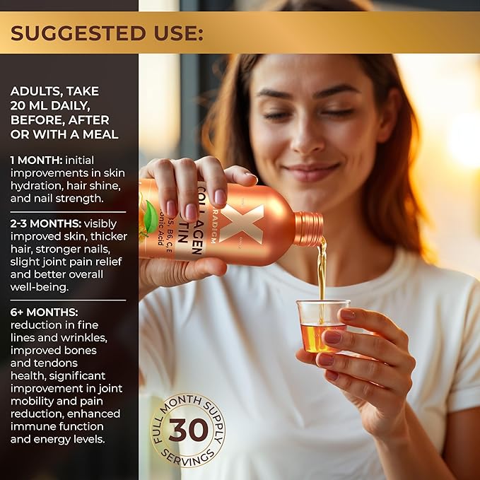 Liquid Collagen Peptides with Biotin &amp Hyaluronic Acid - Hydrolyzed Bovine Collagen Type 1 and 3 Biotin 10000mcg Vitamins B5 B6 C &amp E - Orange Flavor