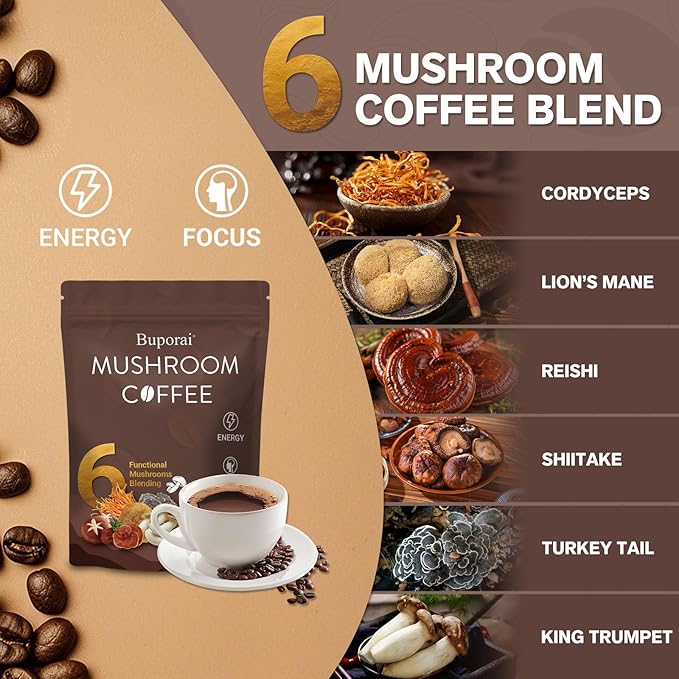 Mushroom Coffee Instant Mushroom Coffee with 6 Mushrooms Lion’s Mane Cordyceps Turkey Tail &amp Other for Energy Focus Digestion Immunity 30 Servings (2 Pack)