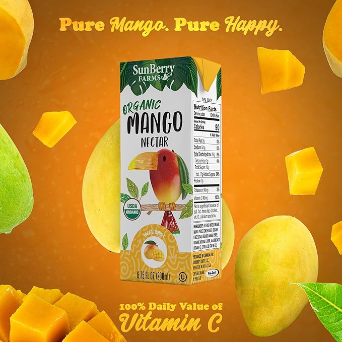 Sunberry Farms Organic Mango Nectar Juice Boxes 32 Pack (6.75 fl oz) – Organic Mango Juice Drinks All Natural Real Sugar Tropical Fruit Juice for Kids &amp Family
