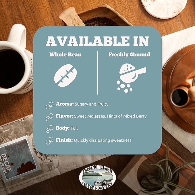 Camano Island Coffee Roasters Decaf Espresso Blend Whole Bean 2lb Fresh Dark Roast Swiss Water Processed USDA Organic Fairly Traded Shade Grown Top 1% Arabica Sweet Molasses Mixed Berry Flavor