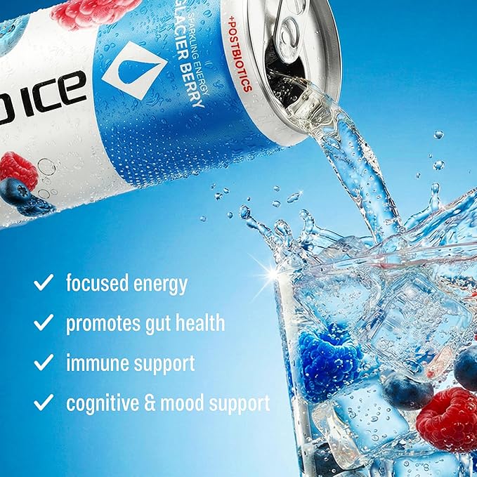 Liquid Ice Energy Drink - With Postbiotics For Gut-Health Natural Caffeine Zero Sugar 120mg Caffeine L- Theanine Antioxidant Support Clean Focused Energy with Green Tea Extract COQ10 Glacier B