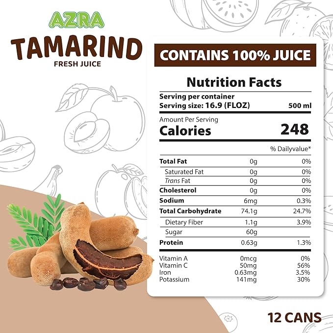AZRA 100% Tamarind Juice – 500ml Cans Fresh Fruit Juice Variety Pack – Sugar Free Drinks made with Sweet Tamarind from Vietnam – Zero Sugar Juice Healthy Drinks for Kids and Adults – 12 Pack