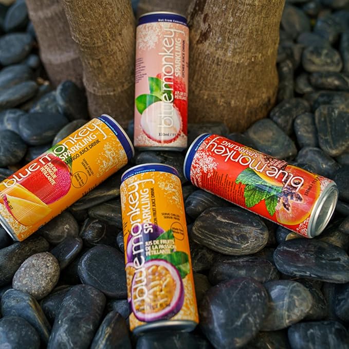 Blue Monkey Sparkling Lychee Juice - Real Fruit Juice No Sugar Added All Natural Lightly Carbonated Halal Certified - Refreshing Tropical Sparkling Water Alternative - 11.2oz (330ml) 12 Pack (11.2
