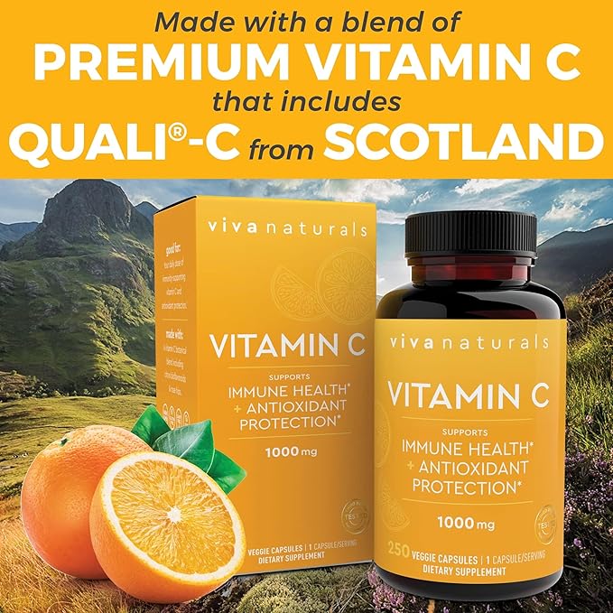 Viva Naturals Vitamin C 1000 mg 250 Vegetarian Capsules – with Citrus Bioflavonoids &amp Rose HIPS Non-GMO for Immune Support &amp Antioxidant Protection