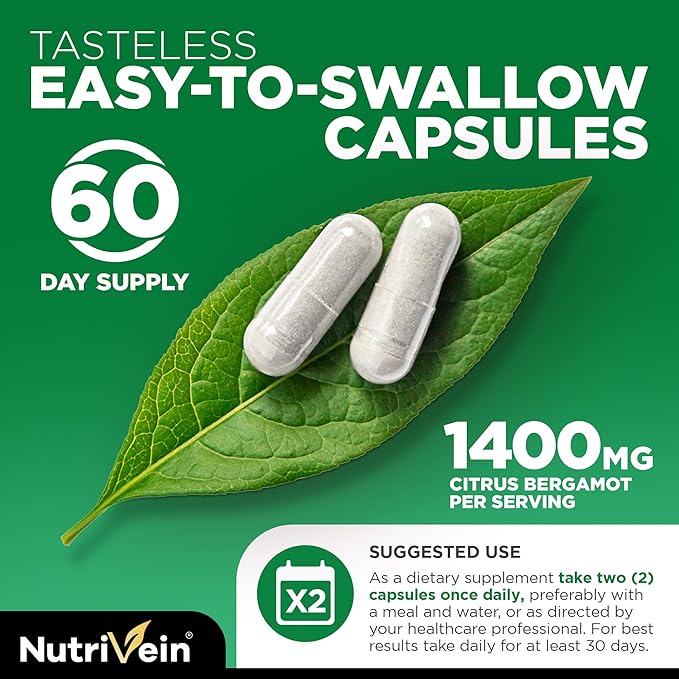 Nutrivein Premium Citrus Bergamot Supplement 1400mg 25:1 Bergamia Extract - 60 Day Supply (120 Capsules): Powerful Italian Citrus Bergamot 1400 mg+ High Concentration - Heart and Circulatory System