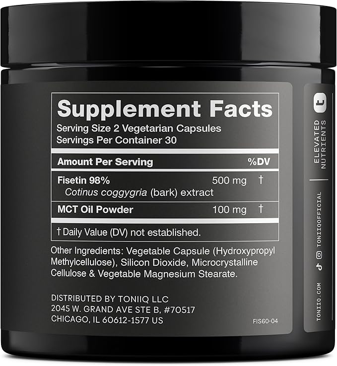 Toniiq Ultra High Purity Fisetin 500mg - 98%+ Higly Purified &amp Bioavailable Fisetin Supplement with MCT Oil for Absorption - Third-Party Tested Senolytic Supplements for Aging Support - 60 Capsule