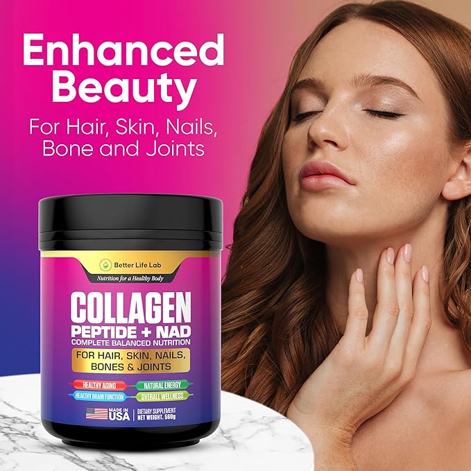 Hydrolyzed Collagen Peptides with NAD – Supports Hair Skin Nails Joints &amp Bones – Type I &amp III Collagen – Grass-Fed Unflavored Powder