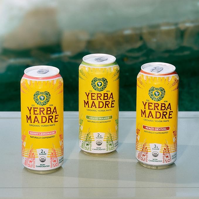 Yerba Madre Organic Yerba Mate Energy Drink Alternative Lower-Sugar Variety Pack 150mg Plant Based Caffeine Smooth Energy &amp Focus No Jitters or Crash 15.5oz Cans (Pack of 12)
