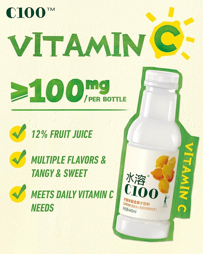 NONGFU SPRING C100 Juice Drink – Lemon Flavored Fruit Juice Bottles 100mg Vitamin C Per Bottle 12% Real Fruit Juice -15 fl oz 445mL 15 Pack