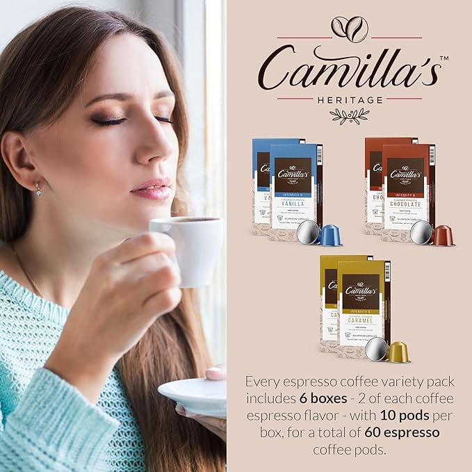 Camilla’s Heritage - Intensity 8 Flavored Espresso Coffee Variety Pack (Gourmet Chocolate Vanilla &amp Caramel Espresso Cups) 60 Coffee Pods