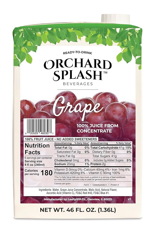 Orchard Splash 46oz Ready to Drink Juice (12 Aseptic Cartons per Case) (Grape 100%)