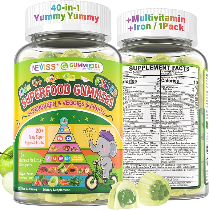 NEVISS Kids 4+ &amp Teens Super Greens 40-in-1 Gummies w/Multivitamin Omega3 Iron D3K2 Picky Eater Organic Super Fruits Veggies Superfood Gummy Mushroom Lutein | Immune Bone Brain Energy Sugar