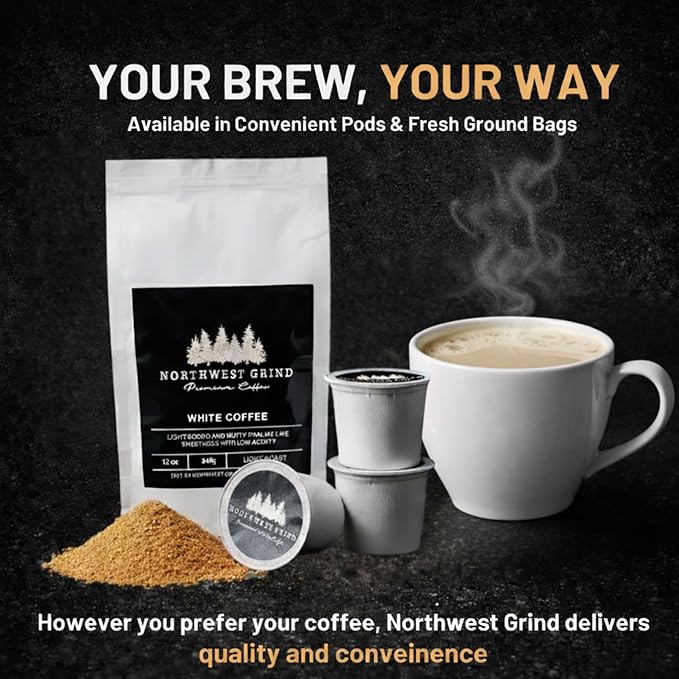 Northwest Grind WHITE COFFEE K-Cup Pods-High Caffeine White Coffee. Smooth Low Acid Light Roast Coffee Pods. Nutty Flavor-Single Serve 100 Count